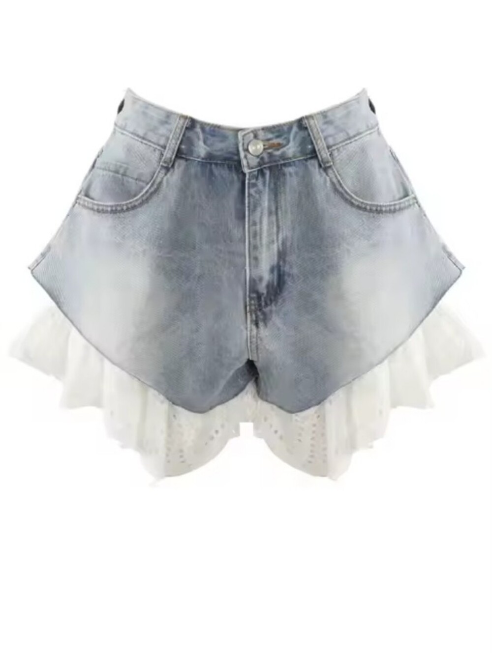 Shorts Denims Women Jeans Lace Stitching Straight Short Pants High Waist Washed - Picture 4 of 5
